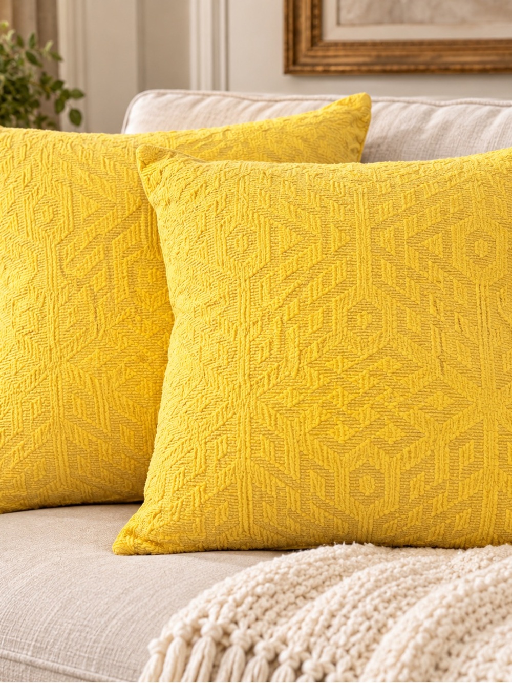 Pier 1 Bright Yellow Square Pillows Two(2) With Pillow Inserts Hard To Find EUC